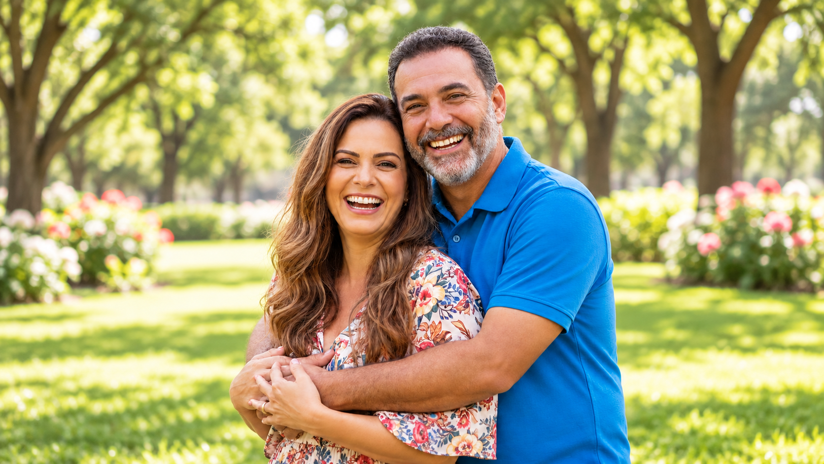 Casal abraçado e sorrindo