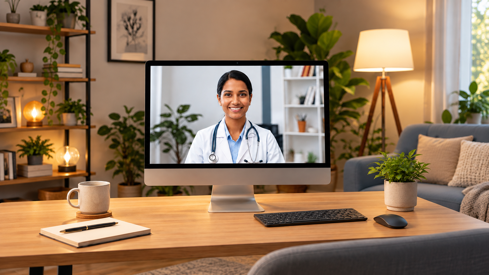 Médica em uma consulta por vídeo